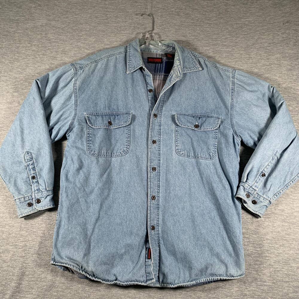 Wolverine Jacket Mens Large Blue Denim Plaid Fleece Lined Workwear Shacket